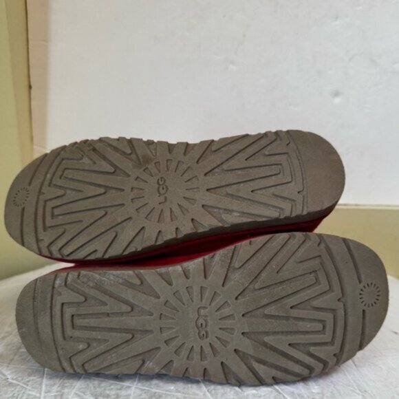 UGG Mini Bailey Button Shearling Short Boots Fur  Red Leather 8 Winter Cozy Warm - Picture 8 of 14